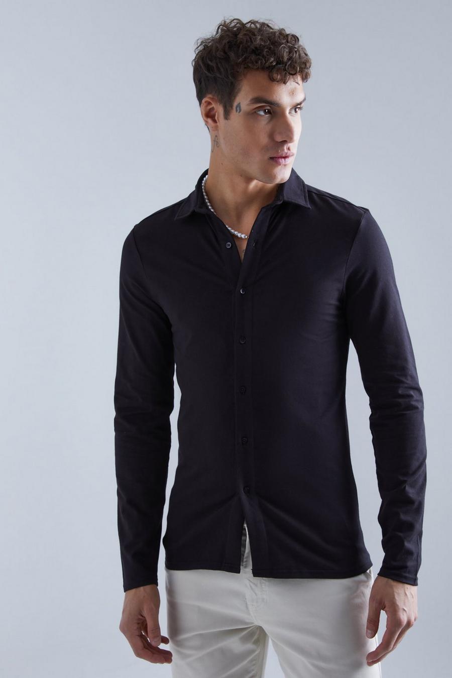Black Jersey Muscle Fit Overhemd Met Lange Mouwen image number 1