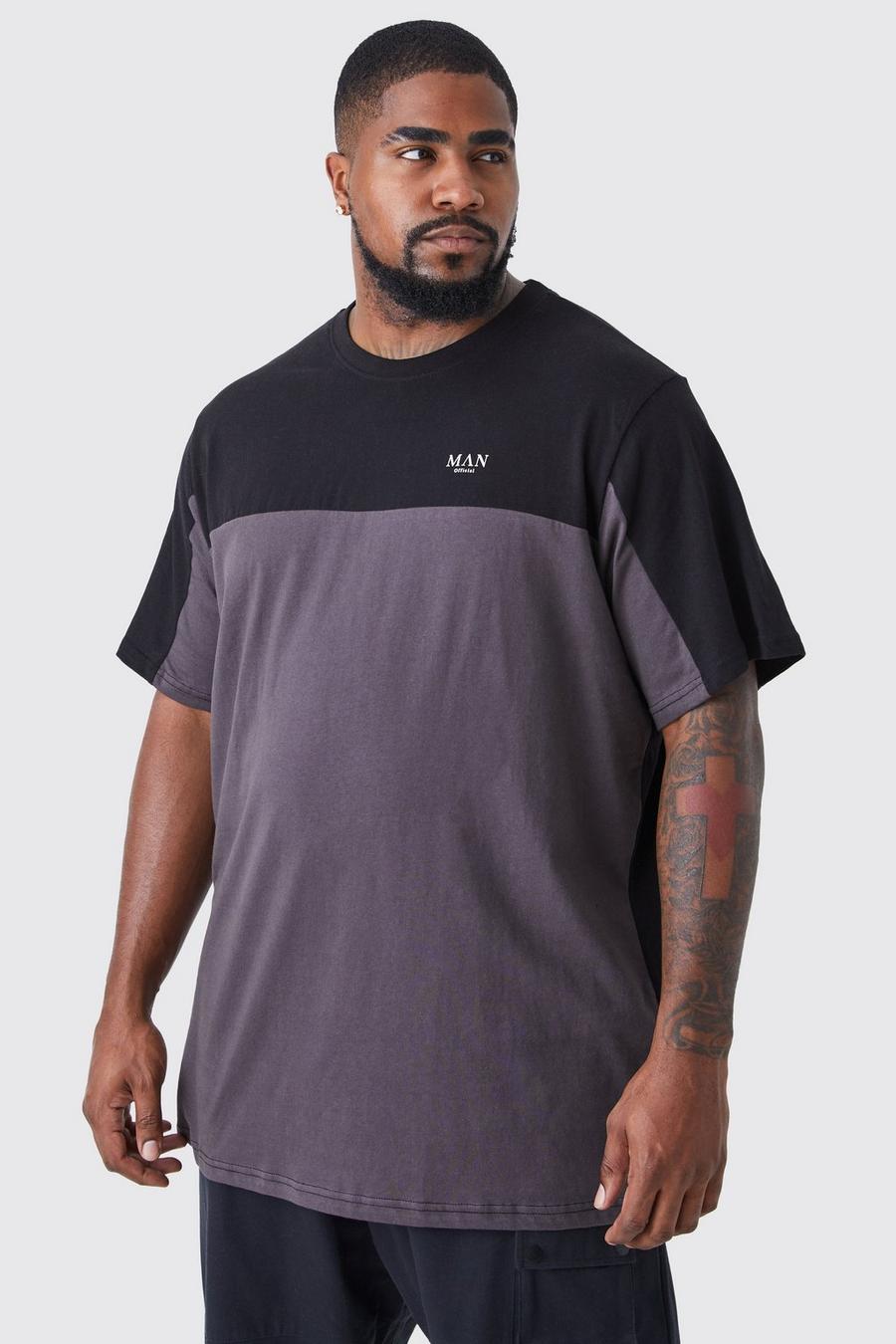 T-shirt lunga Plus Size Man a blocchi di colore con caratteri romani, Black negro