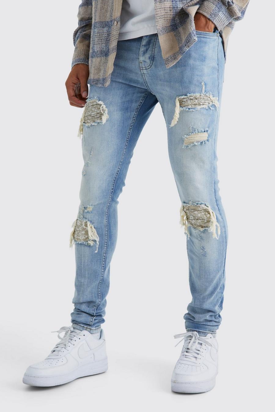 Ice blue Skinny Exploded Knee Stacked Biker Jeans
