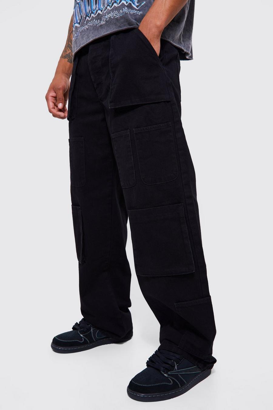 Black svart Baggy Fit Multi Cargo Pocket Jeans