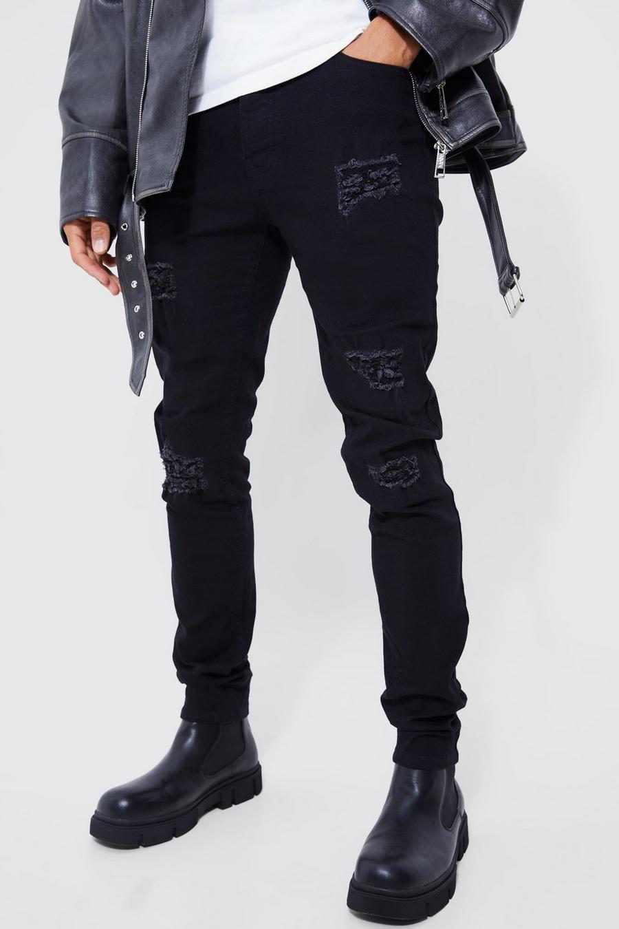 True black Tall Slitna skinny jeans med stretch och lagningar image number 1