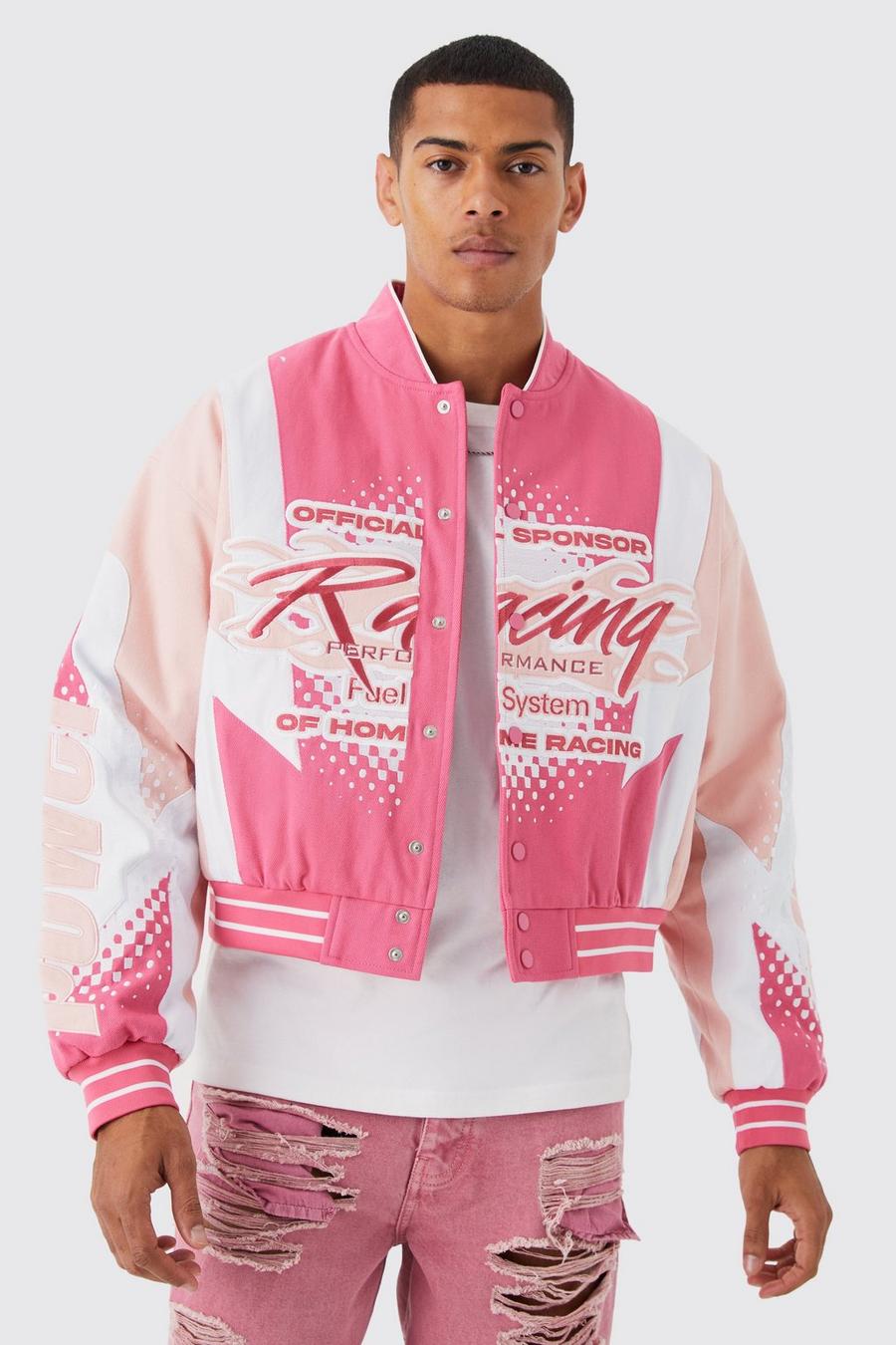 Pink Boxy Twill Bomber Moto Jacket