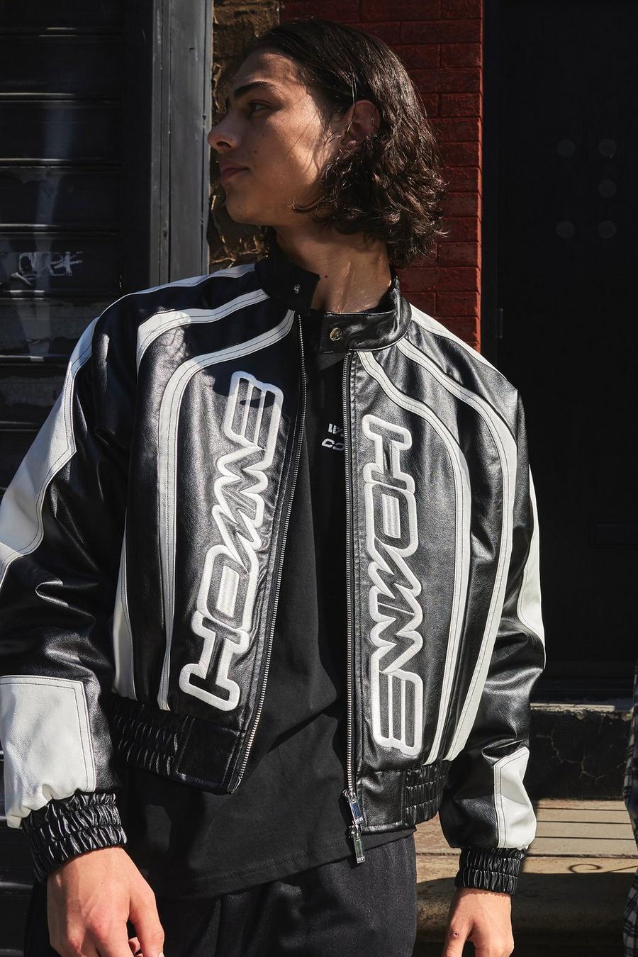 Black Boxy Pu Panelled Homme Moto Jacket