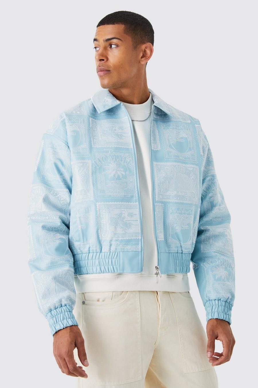 Pale blue Boxy Heavy Embroidered Pu Collared Bomber