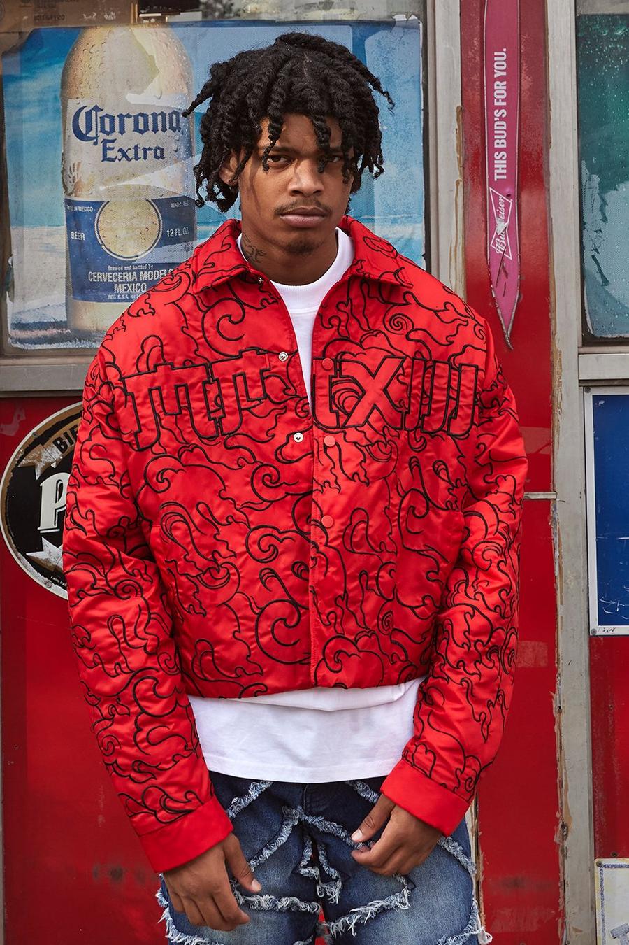 Red Boxy Padded Nylon Embroidered Collared Bomber image number 1