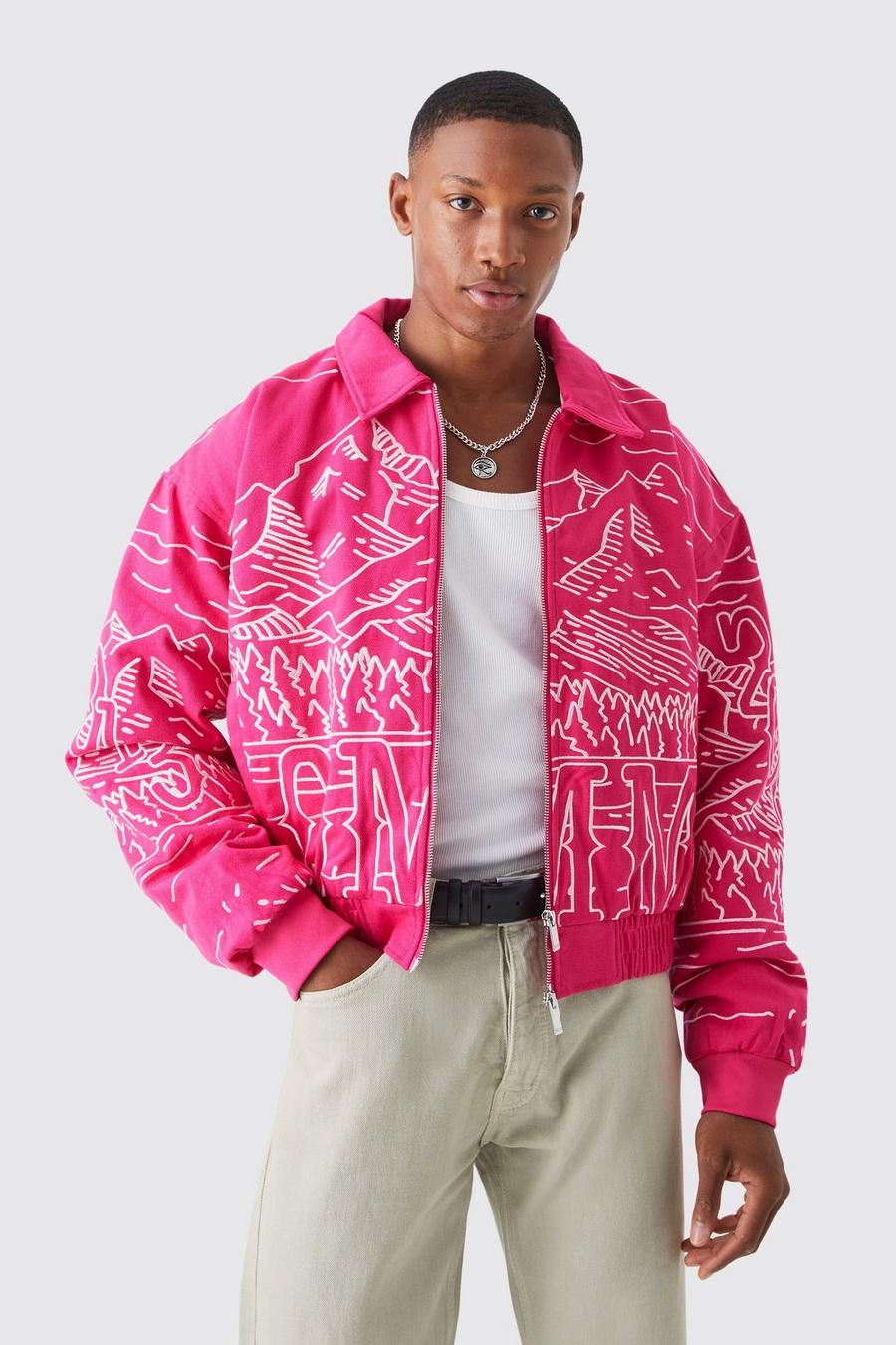 Hot pink Boxy Heavy Twill Embroidered Collared Bomber