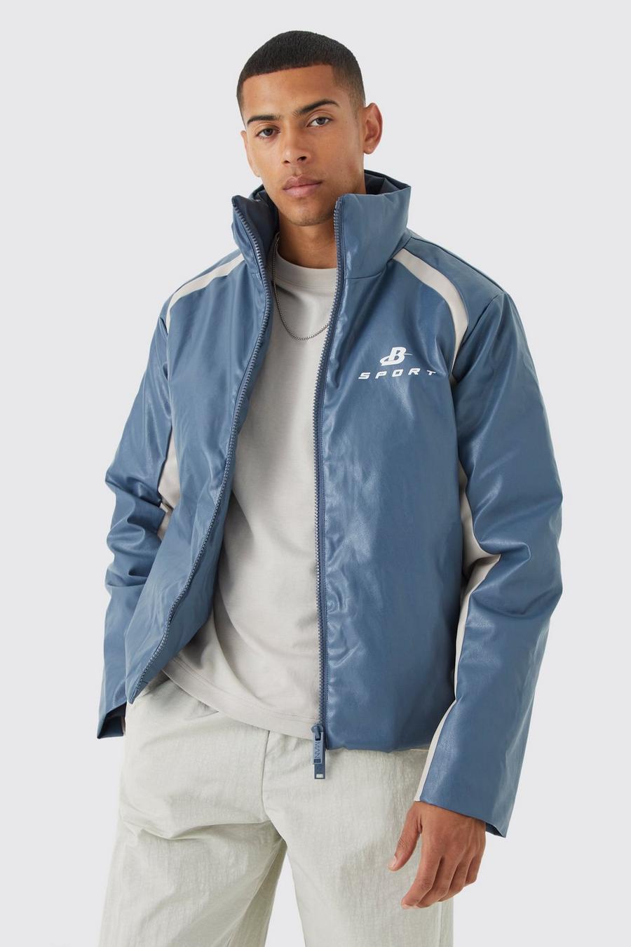 Dusty blue Boxy Pu Moto Pannelled Puffer image number 1