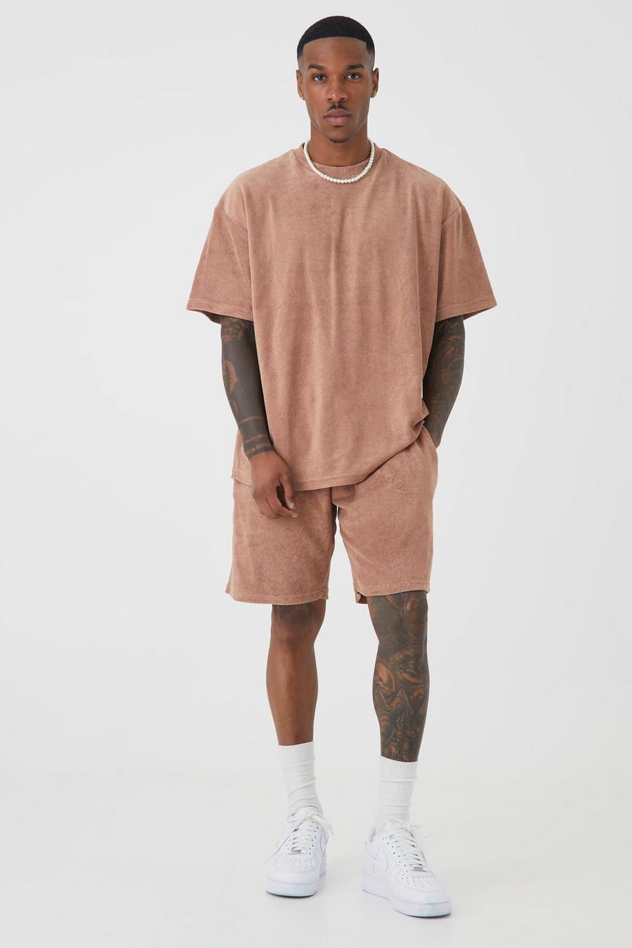 Oversize Premium Frottee T-Shirt & Shorts, Taupe beige