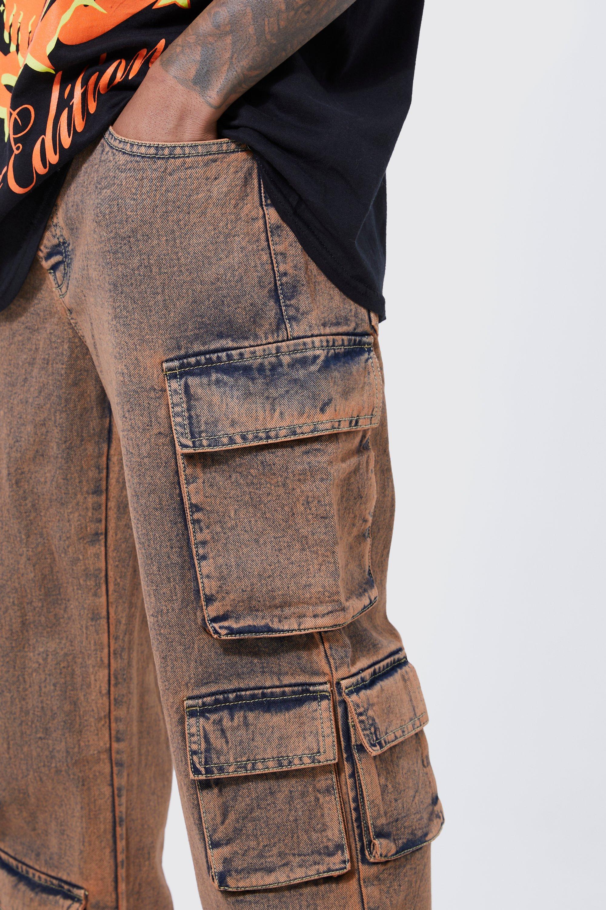 Grey Acid Wash Low Rise Baggy Cargo Jeans