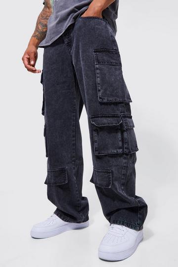 Relaxed Fit Acid Wash Cargo Jeans charcoal