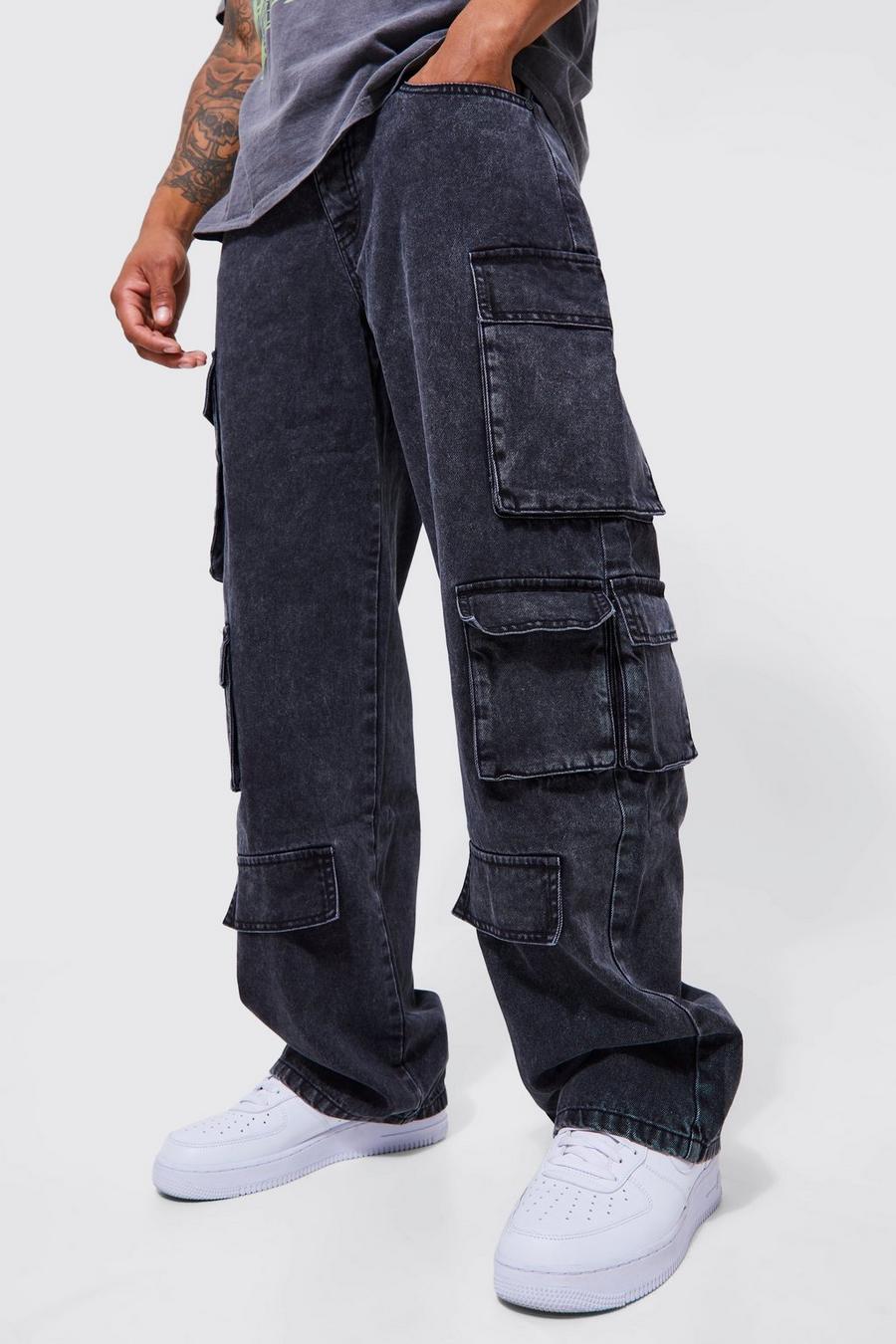 Lockere Cargo-Jeans mit Acid-Waschung, Charcoal image number 1