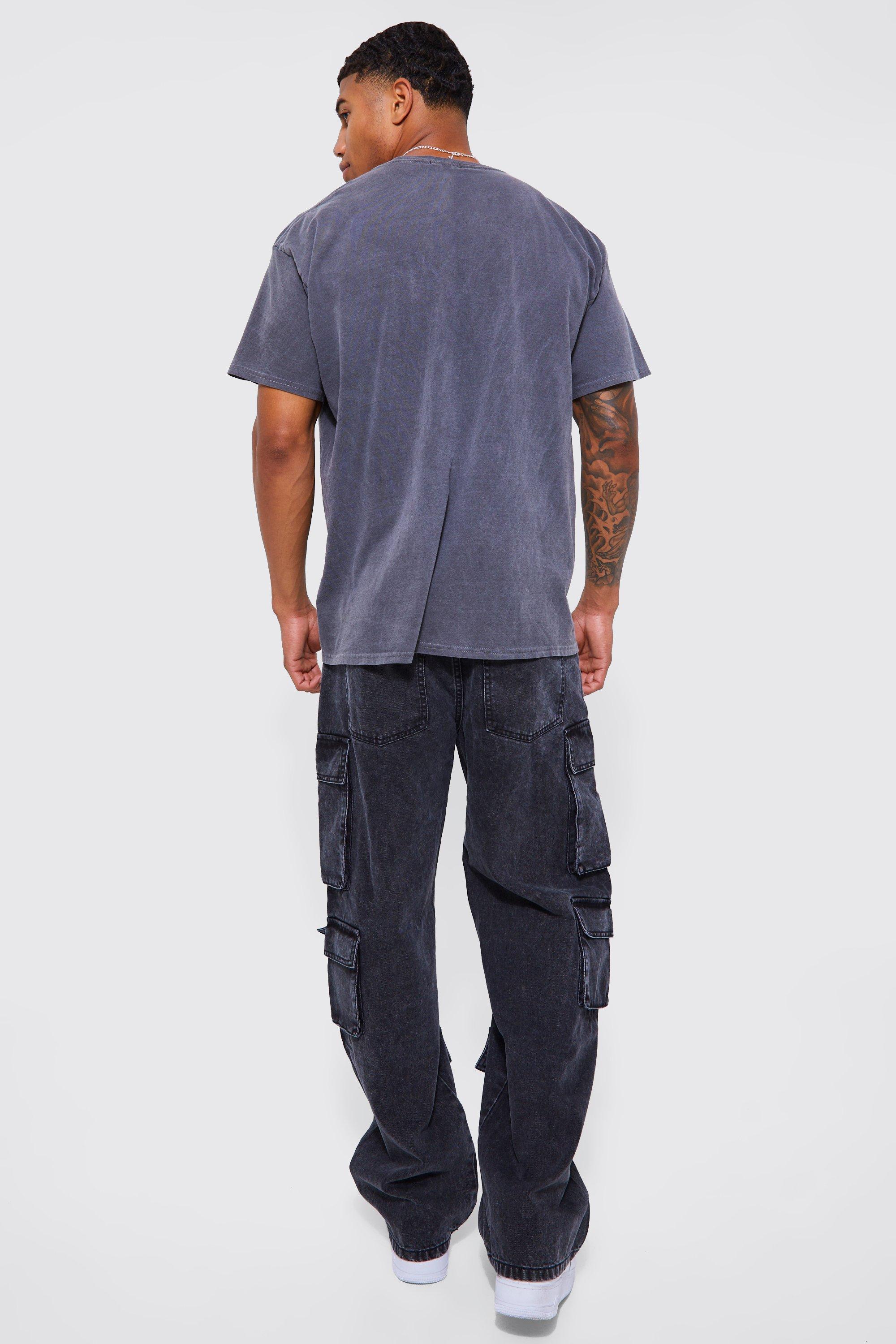 Relaxed Fit Acid Wash Cargo Jeans | boohoo CA