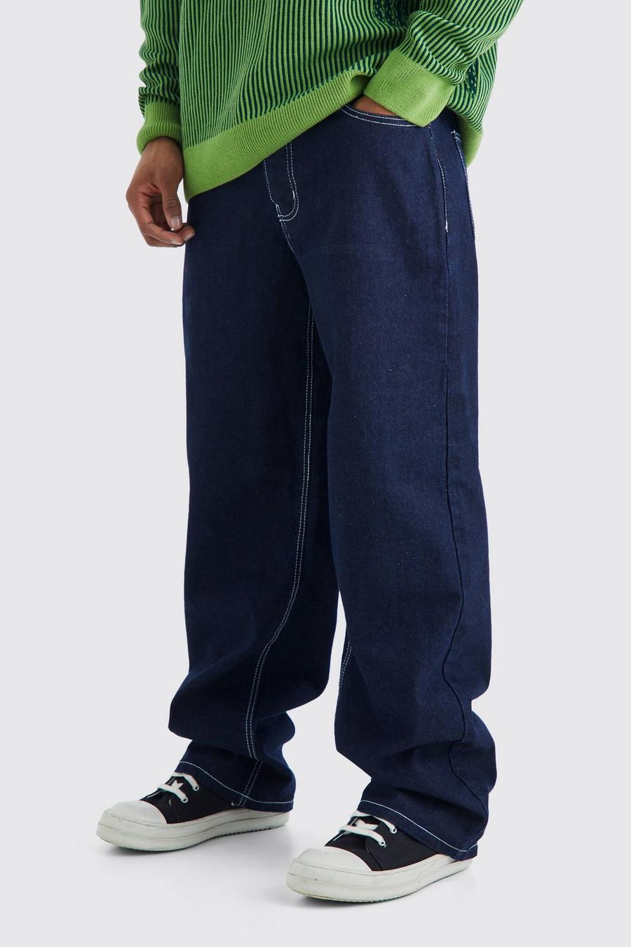 Indigo Baggy Fit Jeans With Contrast Stitch