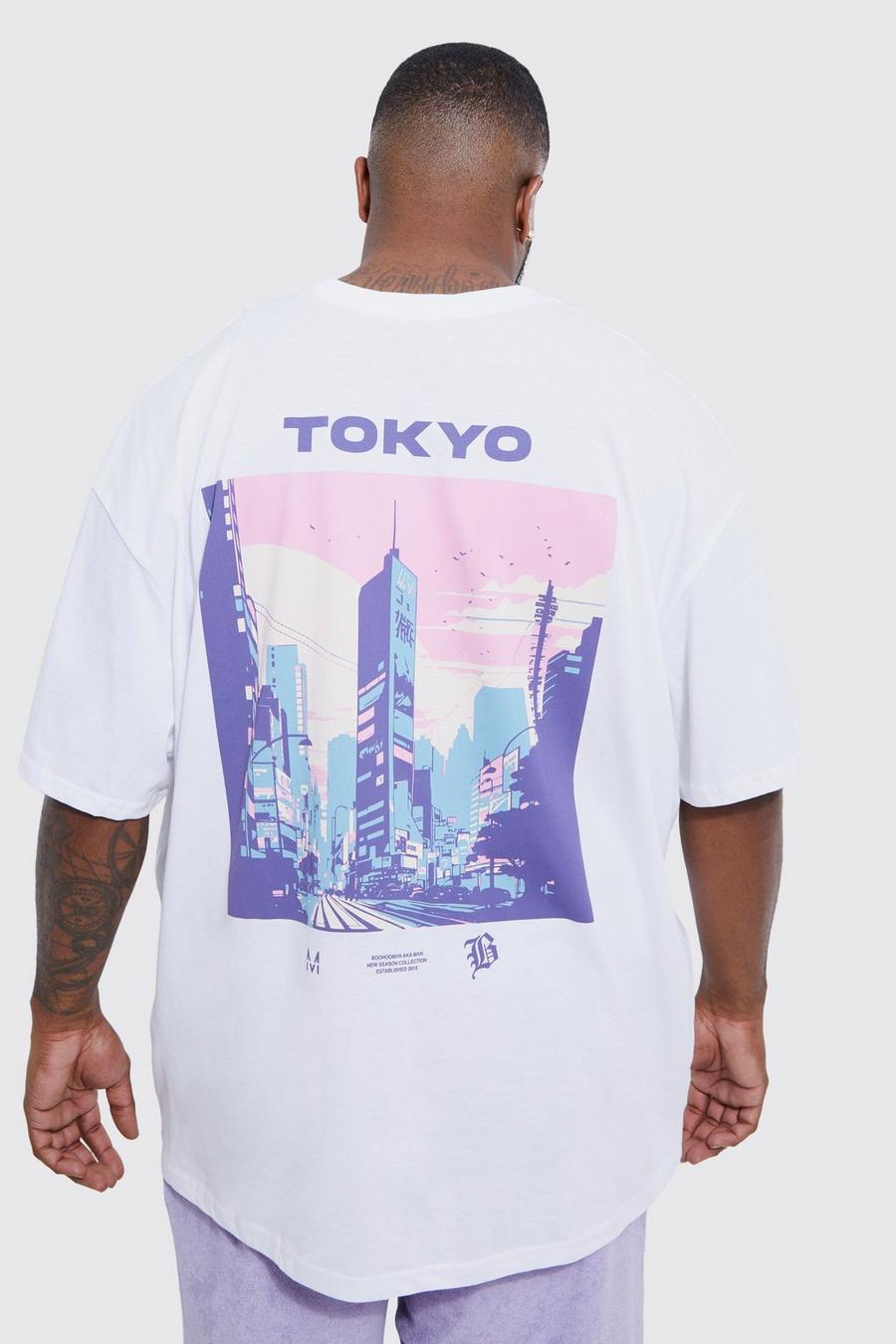 White Plus Oversized Tokyo City Scape T-Shirt Met Print