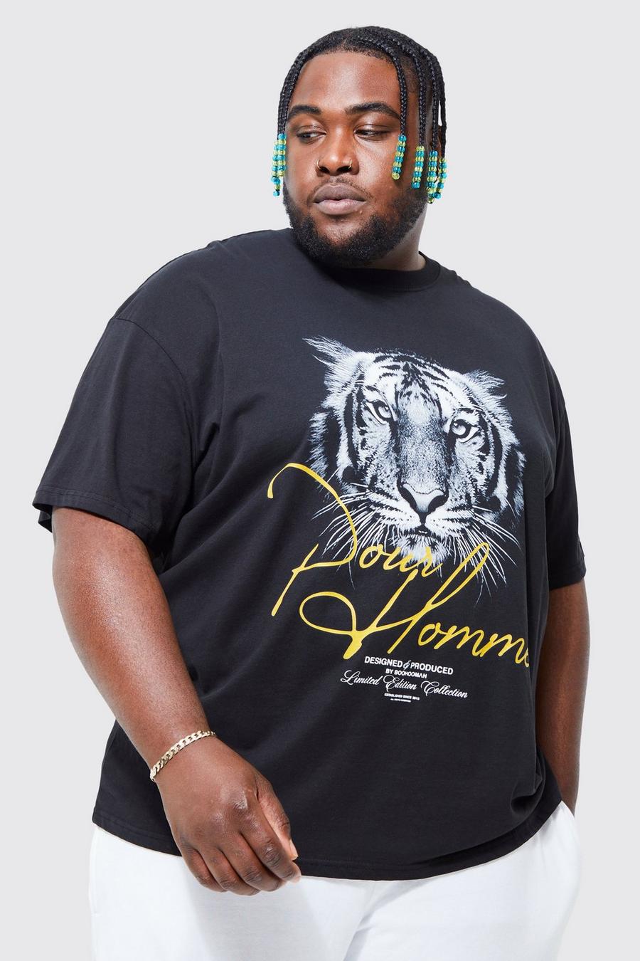 Black Plus Oversized Pour Homme Tiger Print T-shirt
