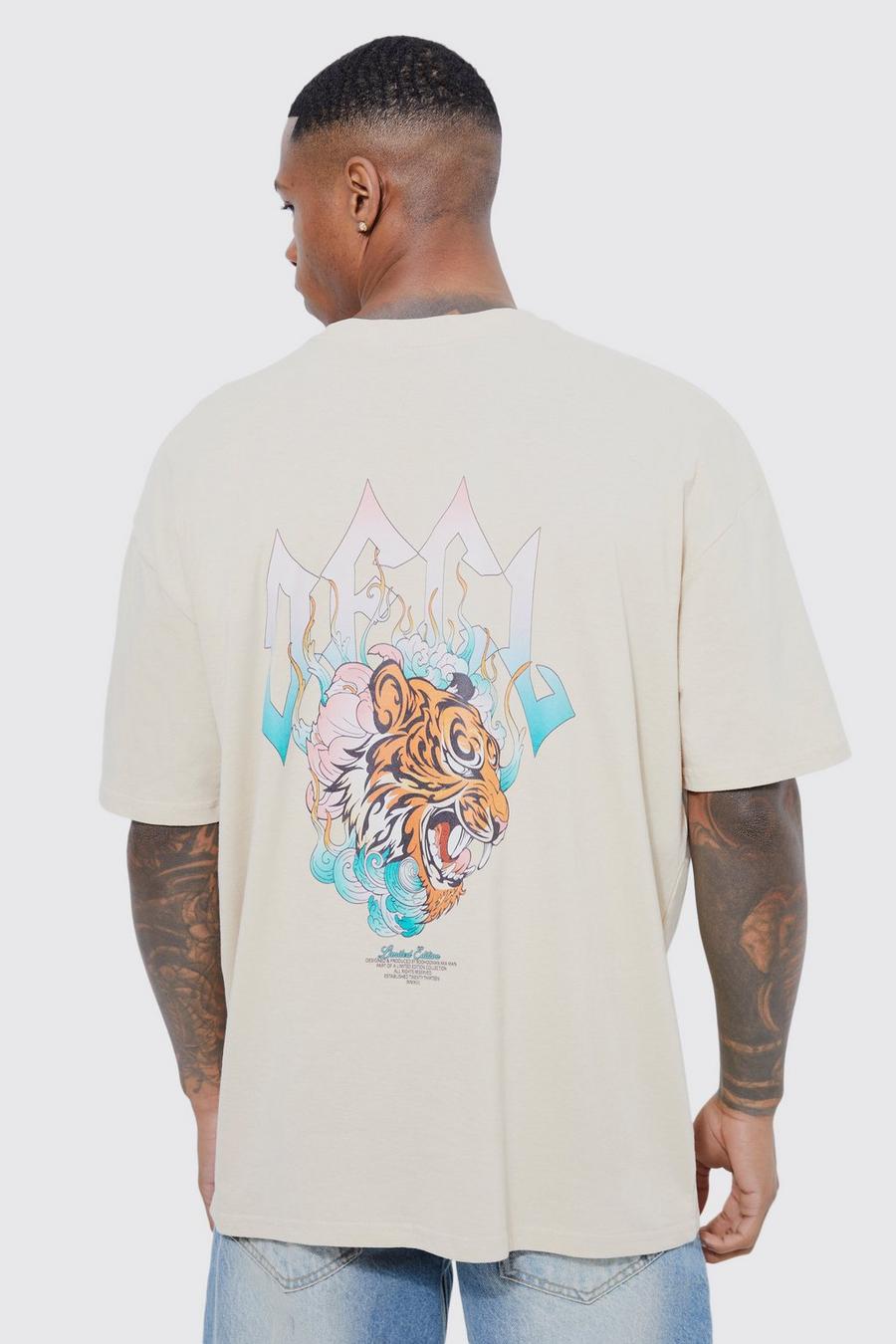 Sand beige Oversized Ombre Ofcl Tiger Print T-shirt