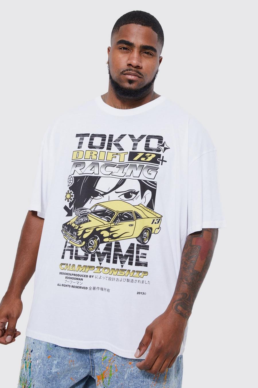 T-shirt Plus Size oversize Tokyo Drift Racing, White blanco
