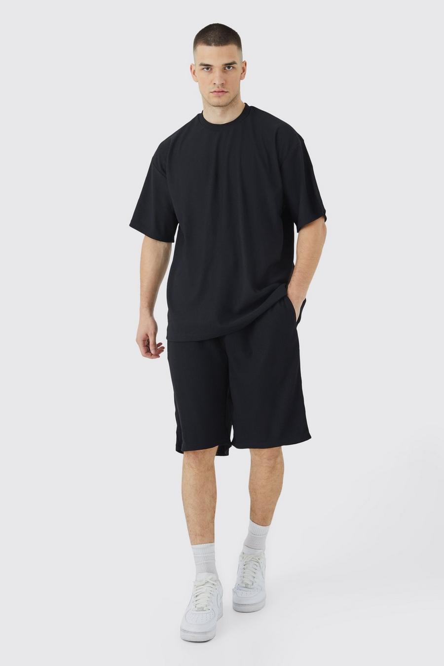 Conjunto Tall de pantalón corto y camiseta oversize de canalé otomano, Black nero