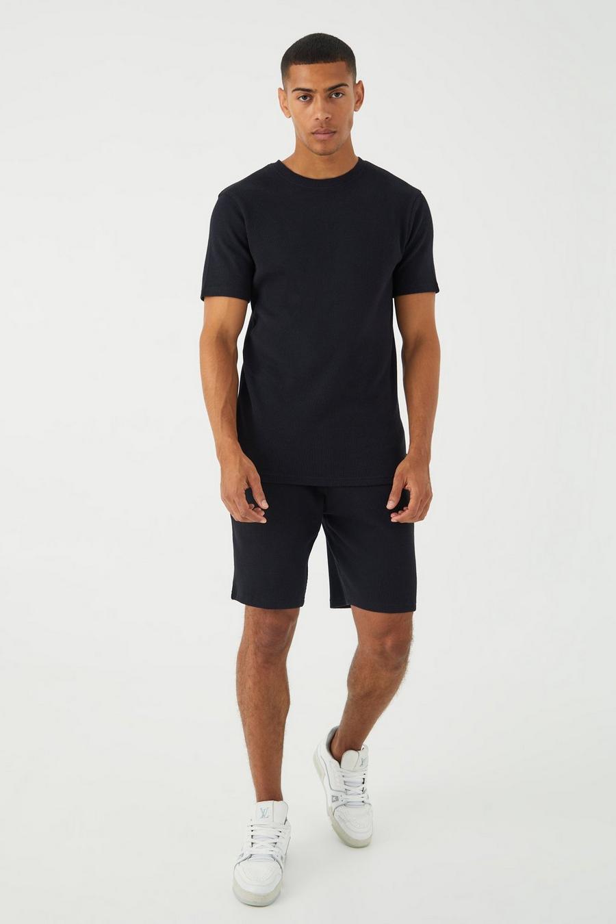 Black negro Slim Fit Waffle T-shirt & Short Set