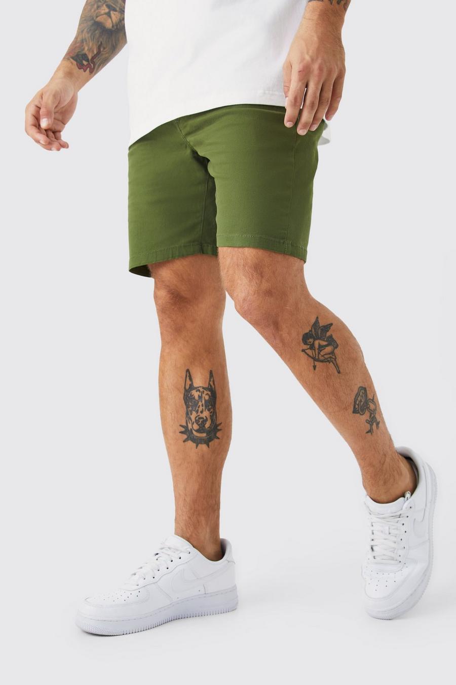 Khaki Stretch Skinny Fit Chino Shorts Met Tailleband image number 1