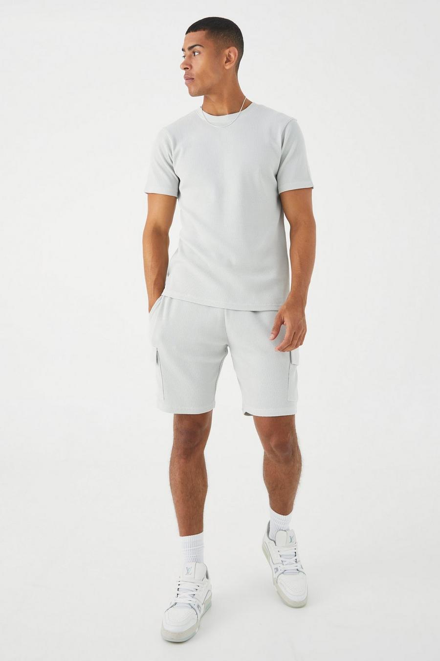Slim-Fit T-Shirt & Cargo-Shorts in Waffeloptik, Light grey grau