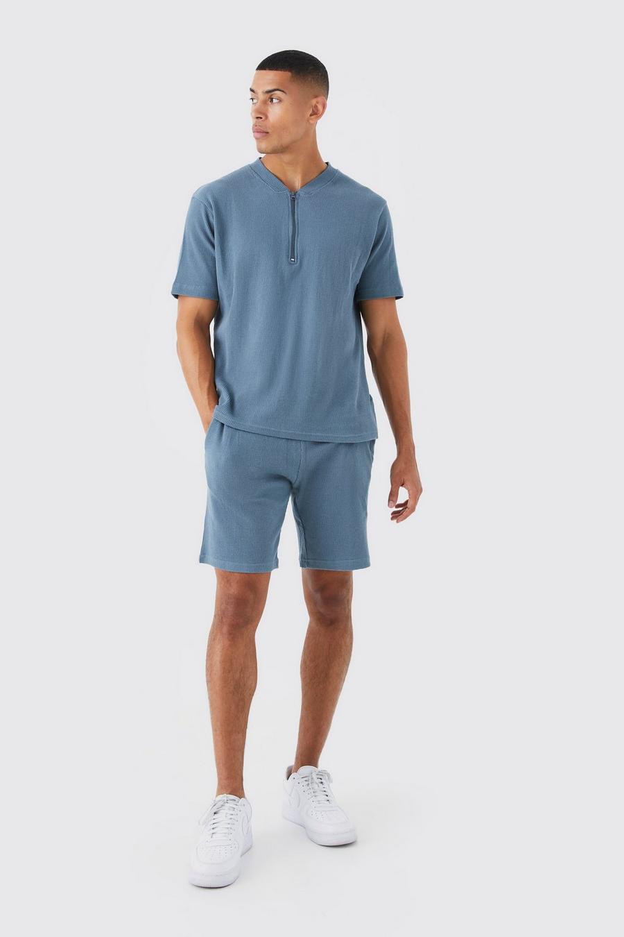 Slate blue Slim fit piké med våfflad struktur och shorts