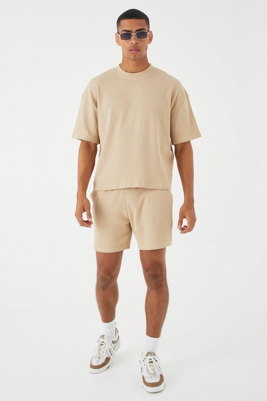 Stone beige Oversize t-shirt och shorts med våfflad struktur