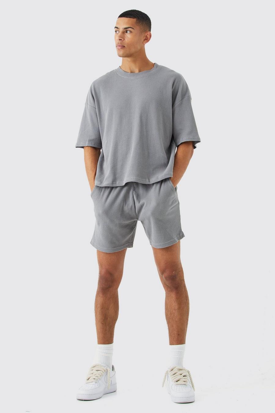 Charcoal Oversize t-shirt och shorts med våfflad struktur image number 1
