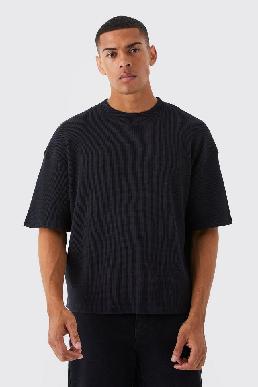 Black Oversized Boxy Wafel Gebreid T-Shirt image number 1