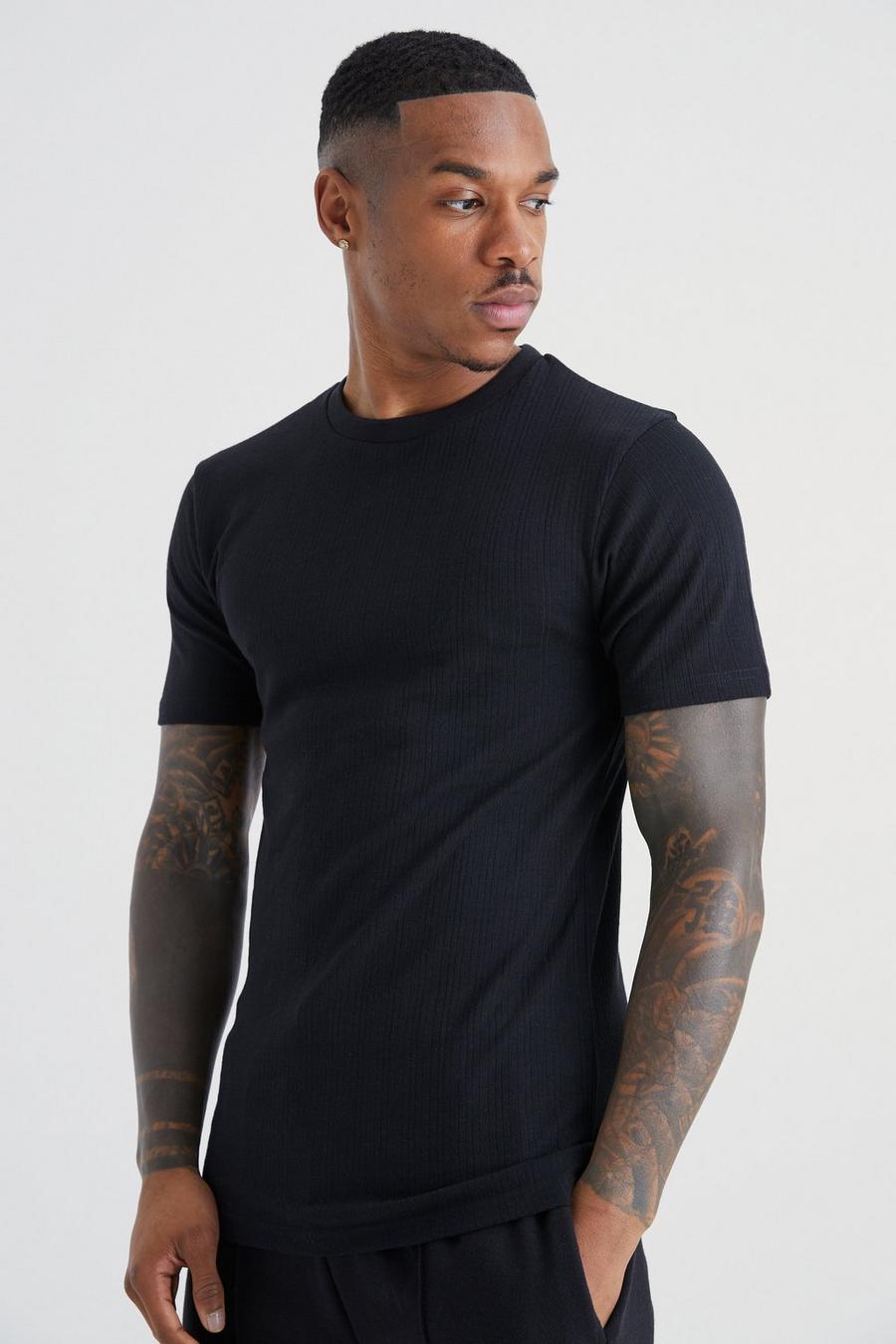 Black Muscle Fit Ribbed T-shirt image number 1
