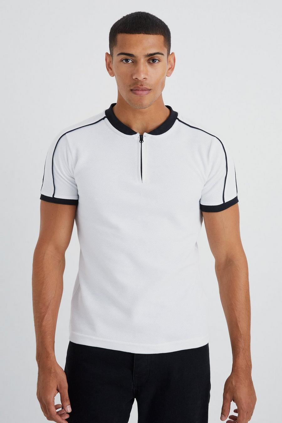 White Popcorn Texture Bomber Neck Polo With Piping image number 1