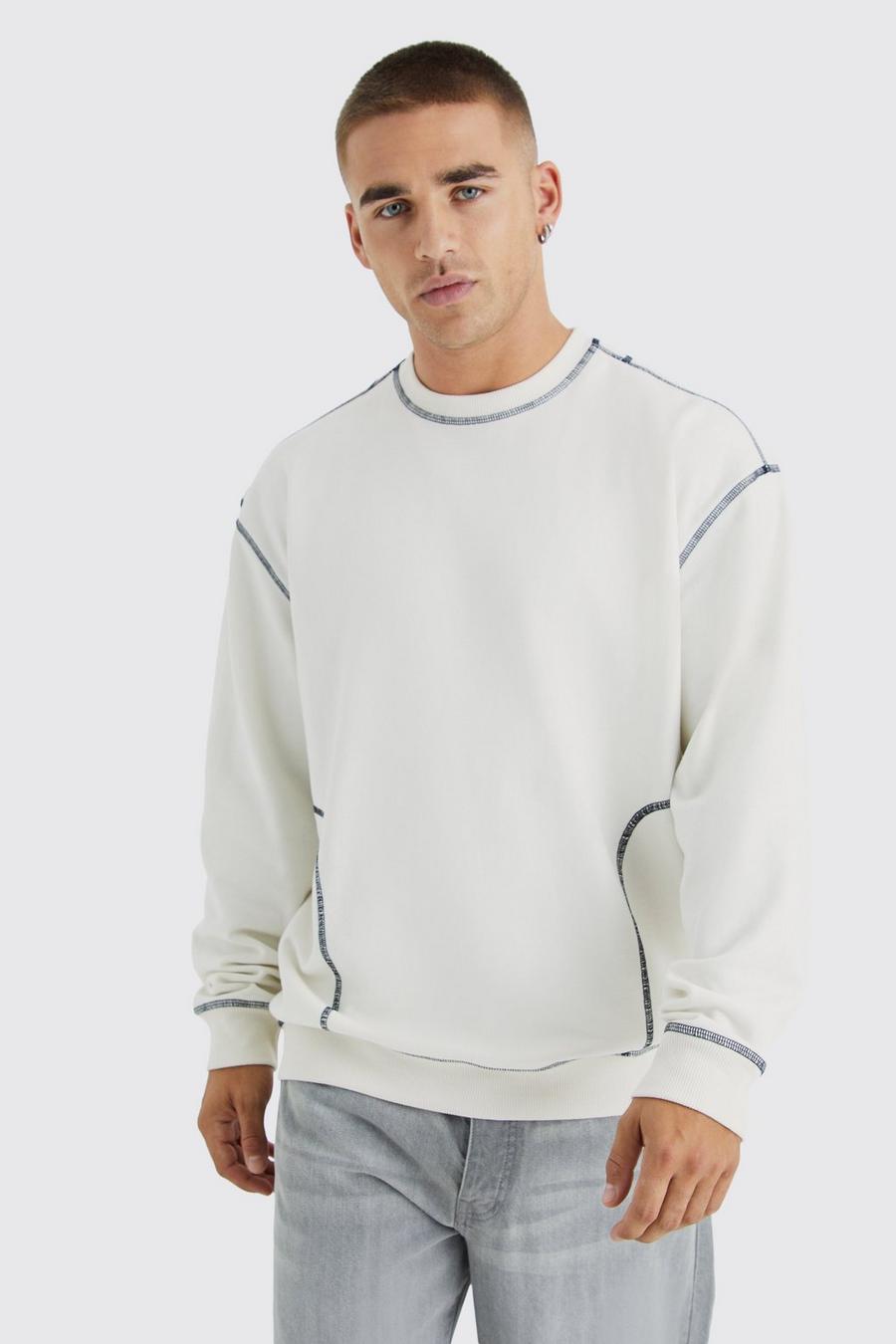Ecru white Oversized Contrast Stitch Sweatshirt 