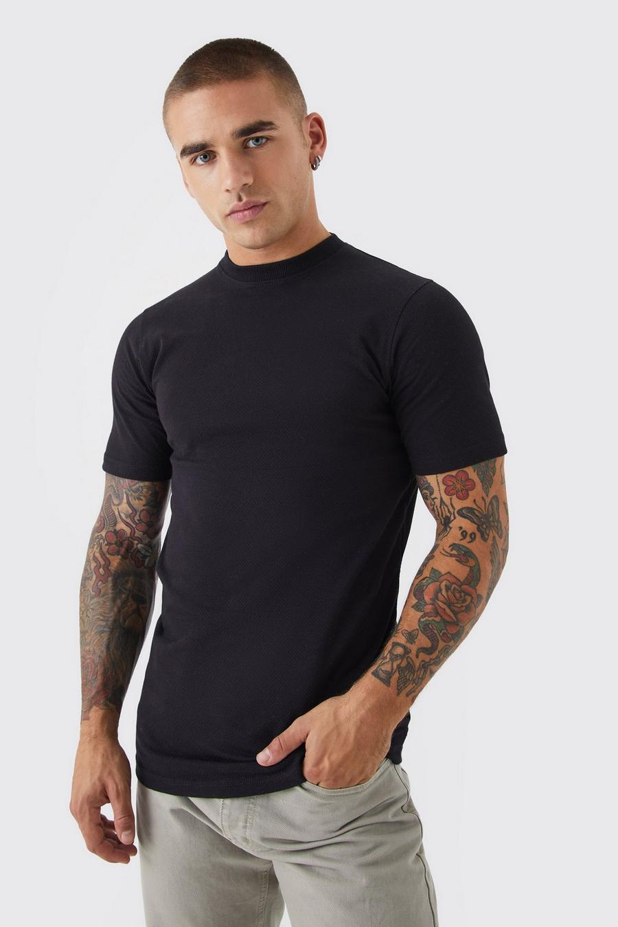 T-shirt cintré en tissu gaufré, Black