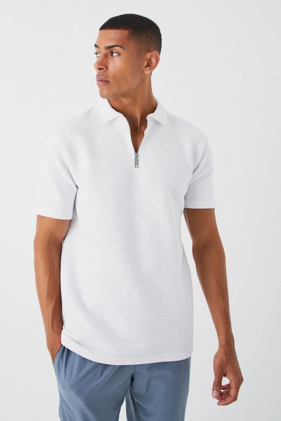 White Slim Fit Ribbed Jersey 1/4 Zip Polo