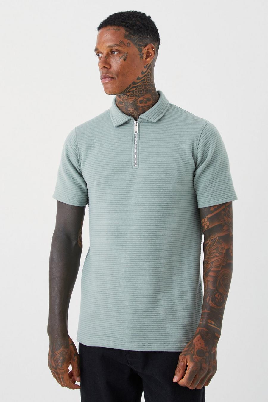 Sage green Slim Fit Ribbed Jersey 1/4 Zip Polo