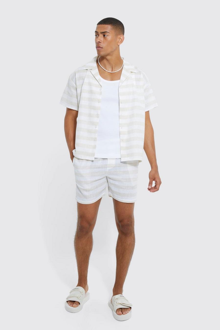 Ecru white Short Sleeve Boxy Mini Stripe Shirt And Short