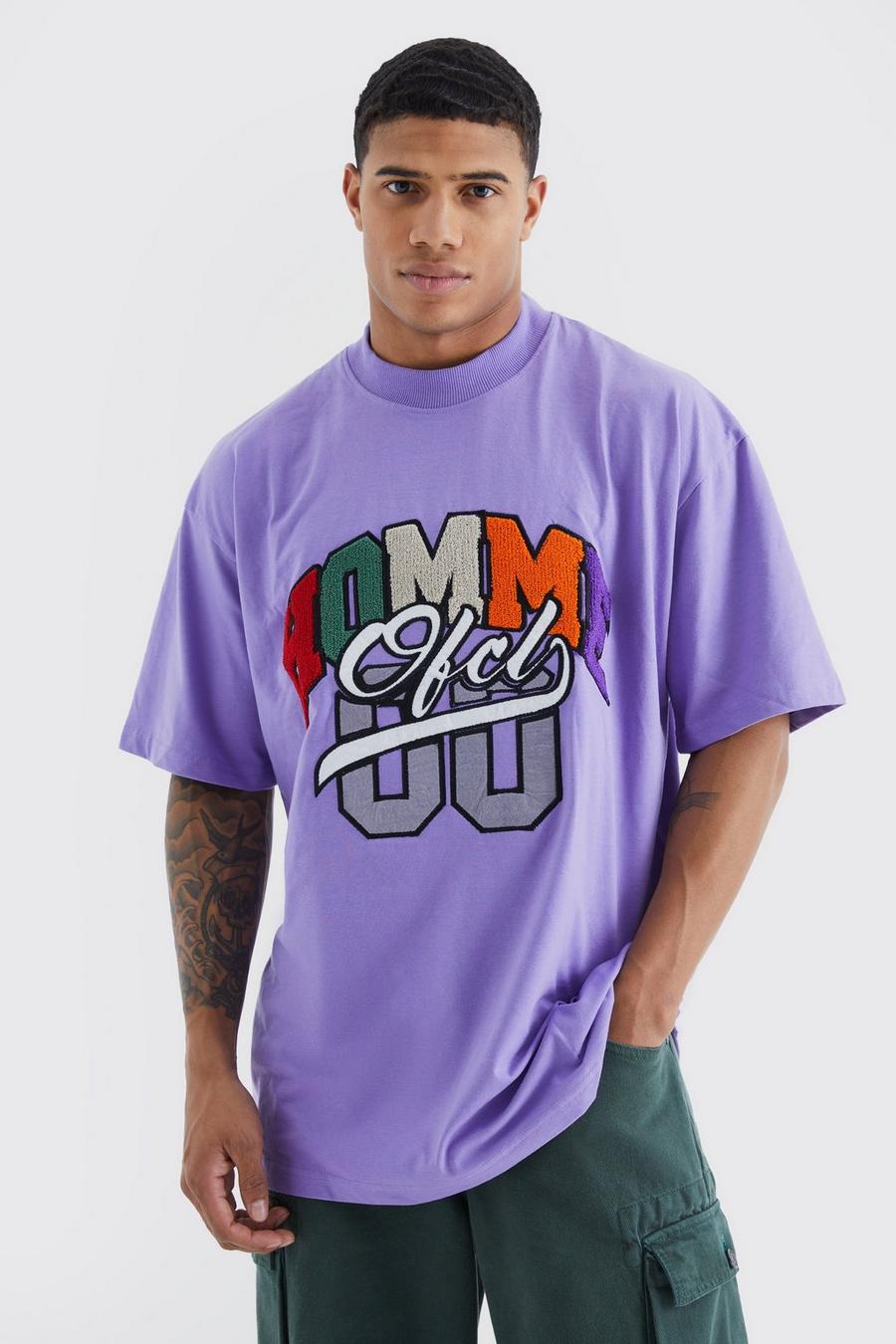 T-shirt oversize slavata Homme con applique stile Varsity, Purple viola