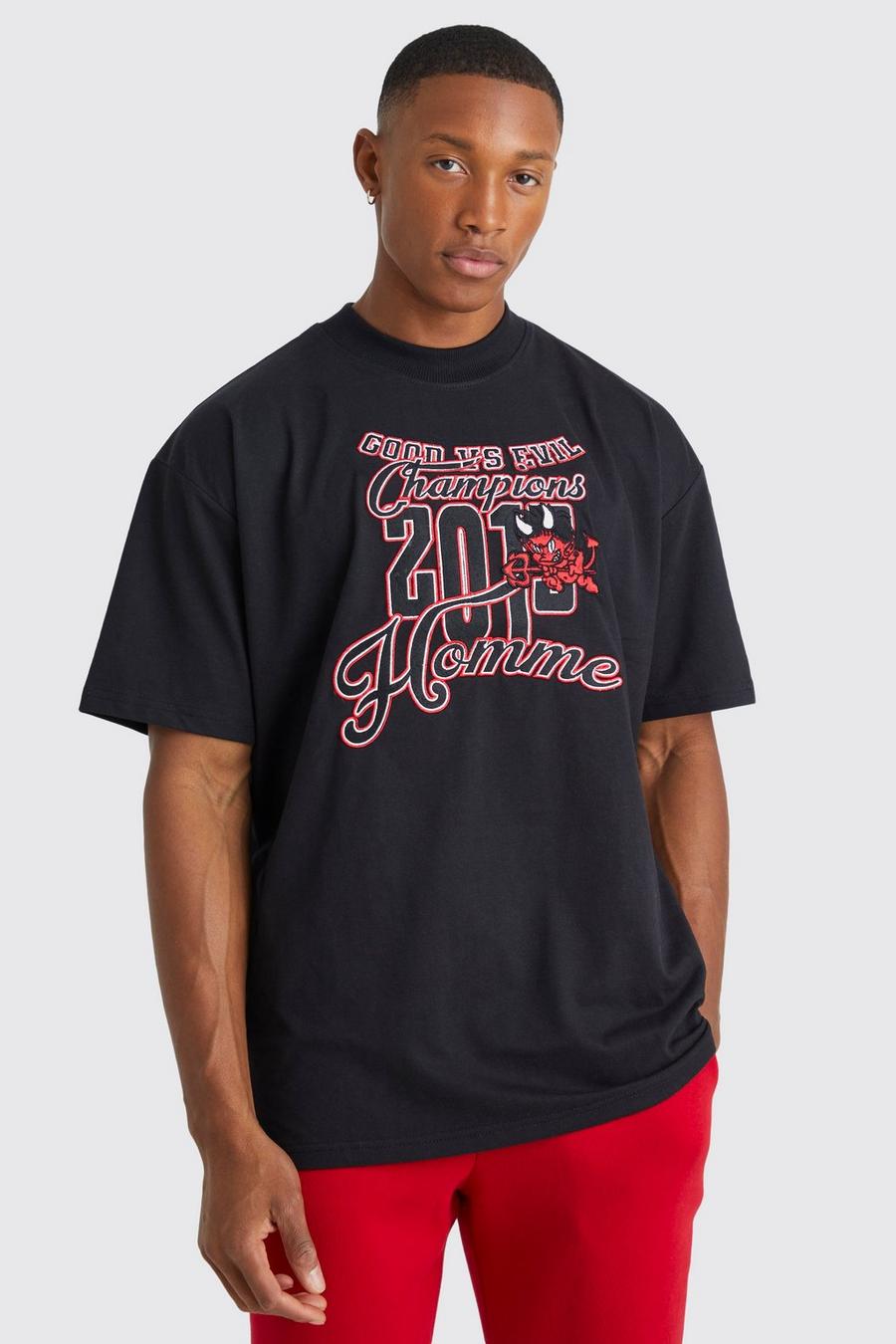 Black Oversized Homme Devil Varsity Applique T-shirt image number 1