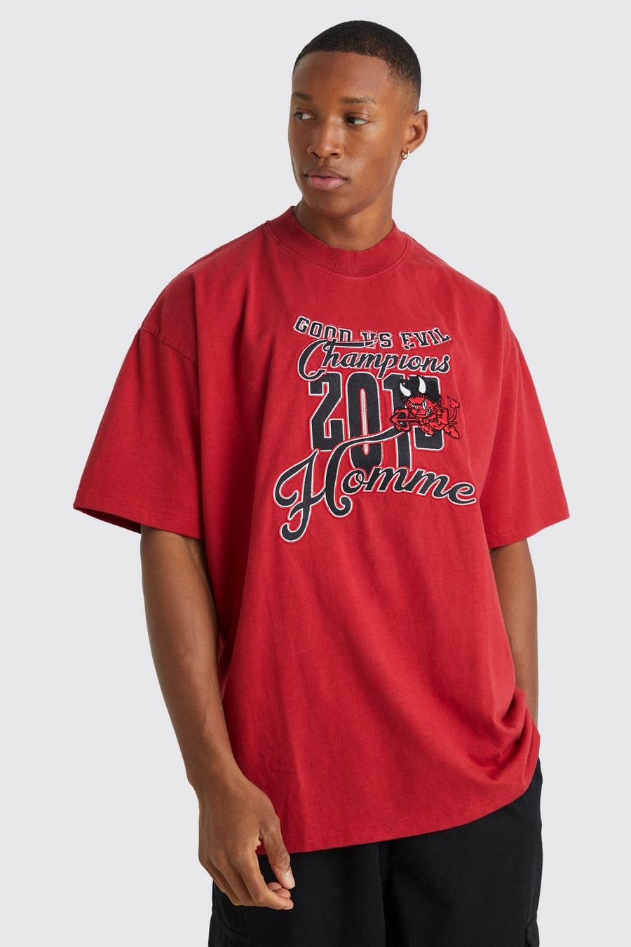 Camiseta oversize con aplique universitario Homme Devil, Red rosso