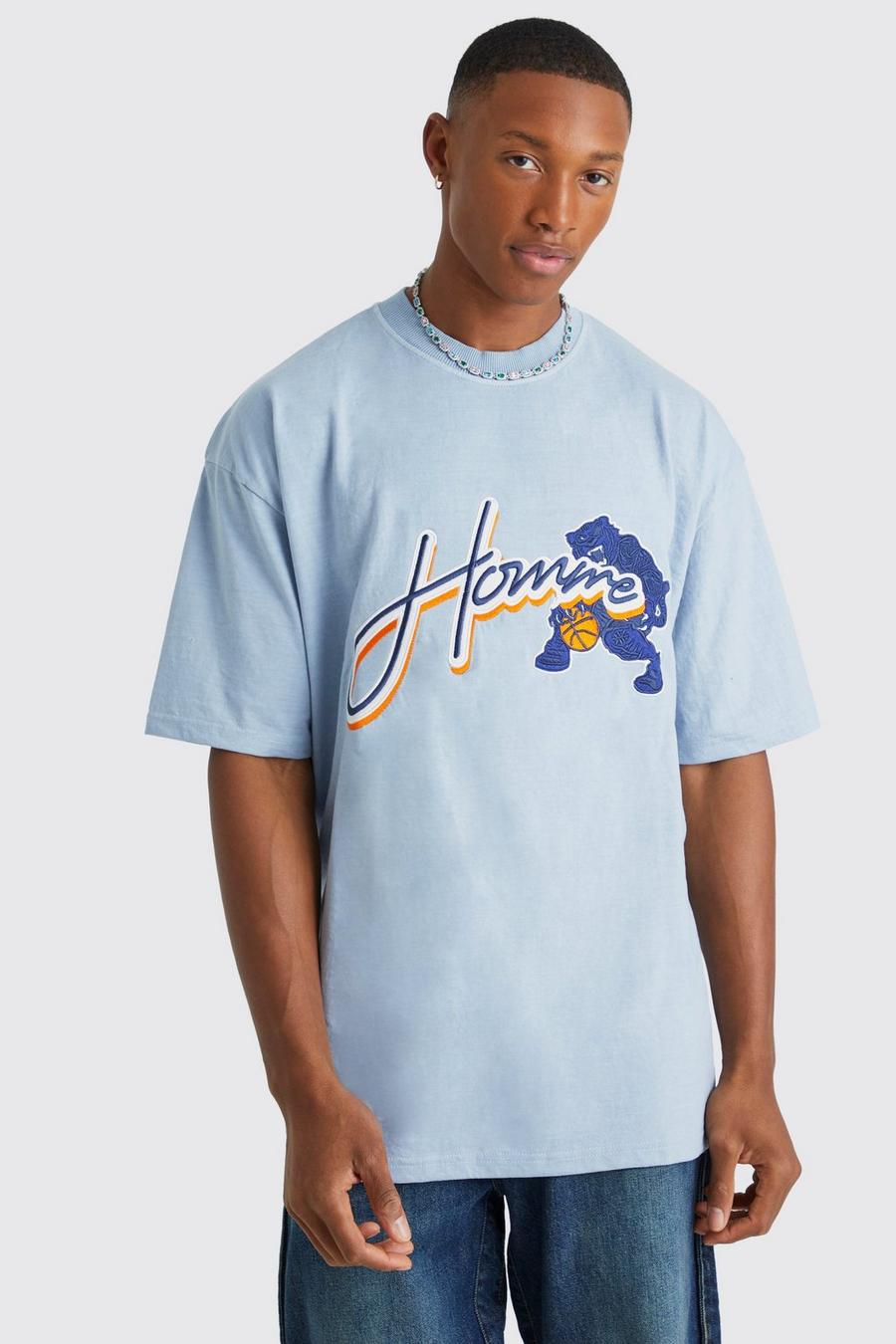 Camiseta oversize con aplique universitario Homme desteñido, Light blue image number 1