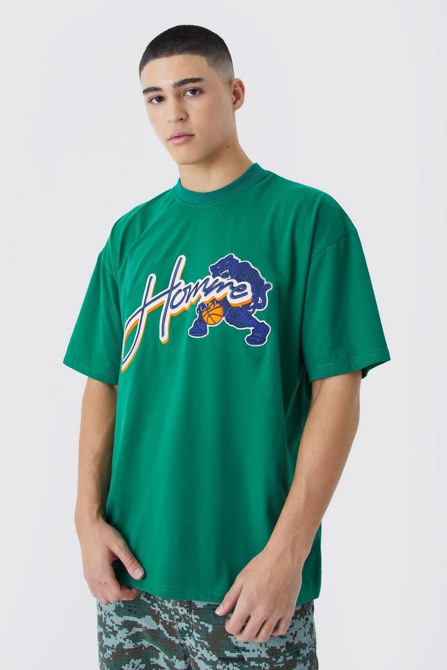 Camiseta oversize con aplique universitario Homme y tigre, Green image number 1
