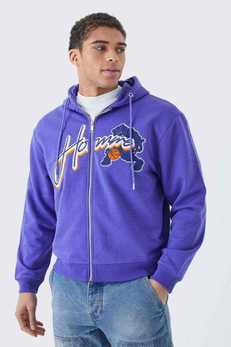 Washed purple Boxy Heavyweight Zip Homme Washed Hoodie image number 1