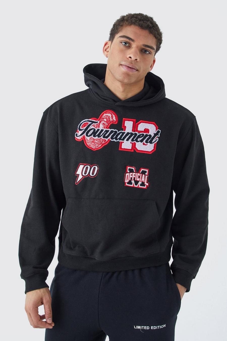 Black Boxy Heavyweight Tournament Applique Hoodie image number 1