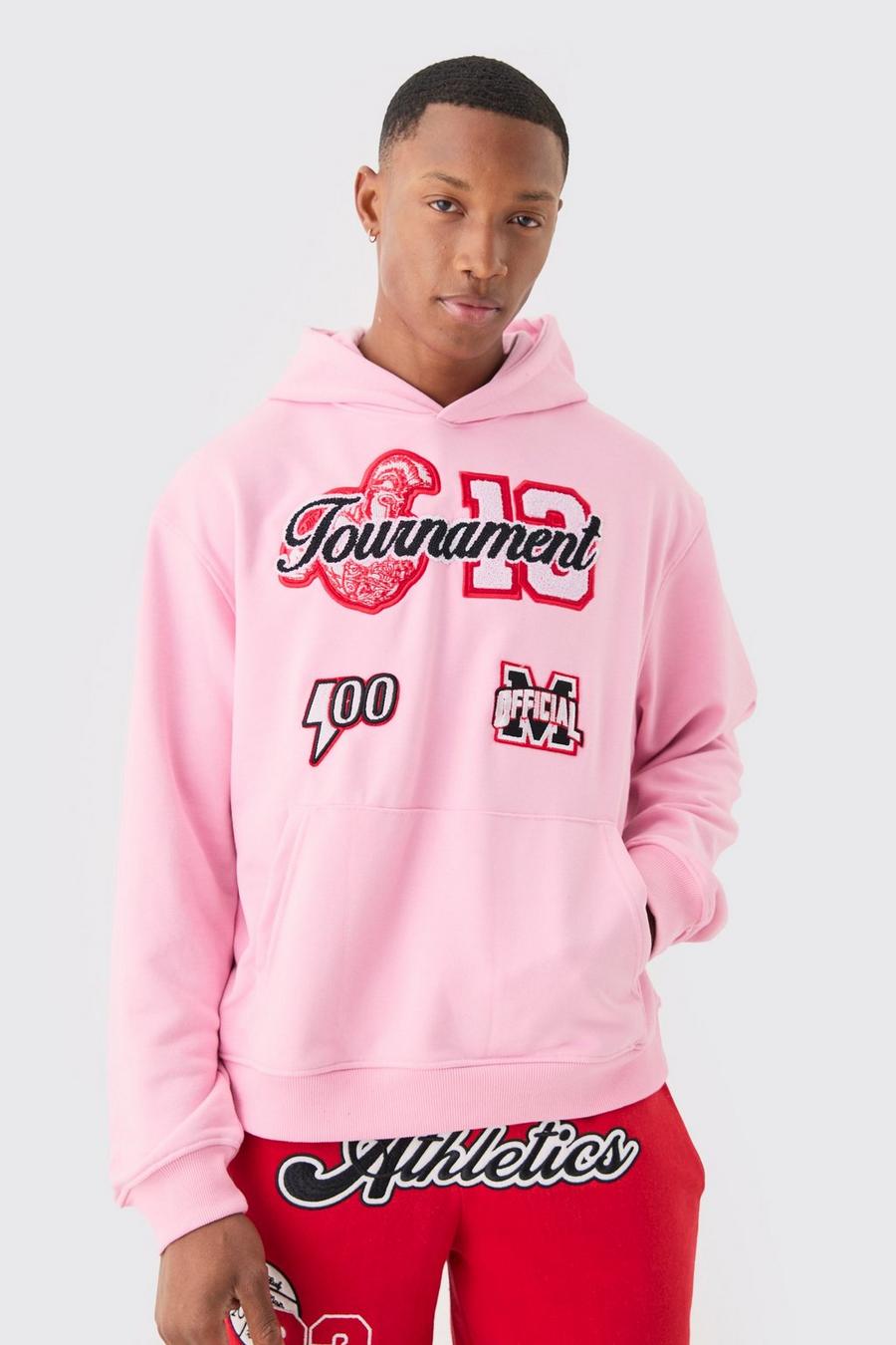 Pink Boxy Heavyweight Varsity Applique Hoodie image number 1