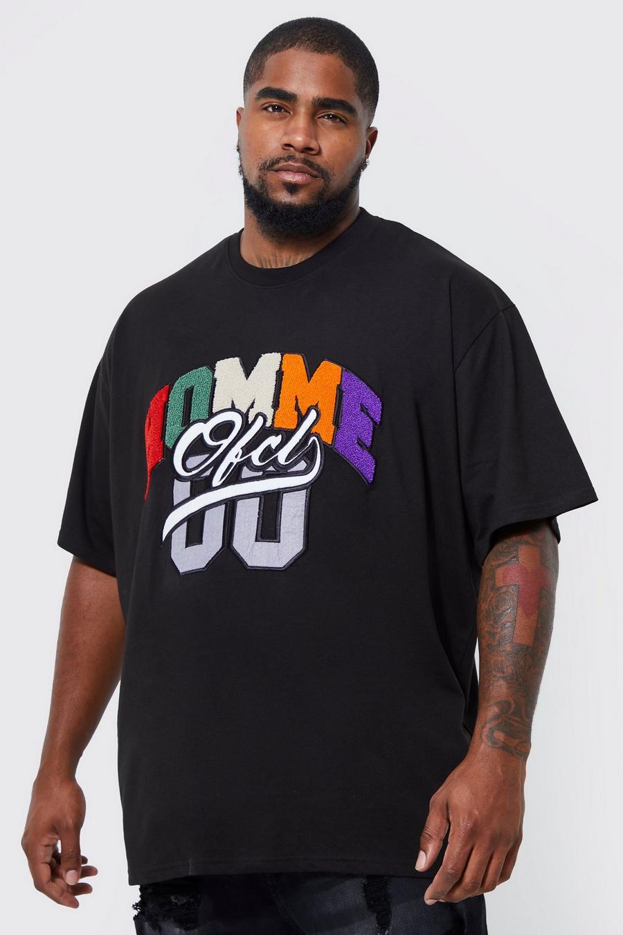 T-shirt Plus Size oversize Homme Ofcl con applique stile Varsity, Black negro