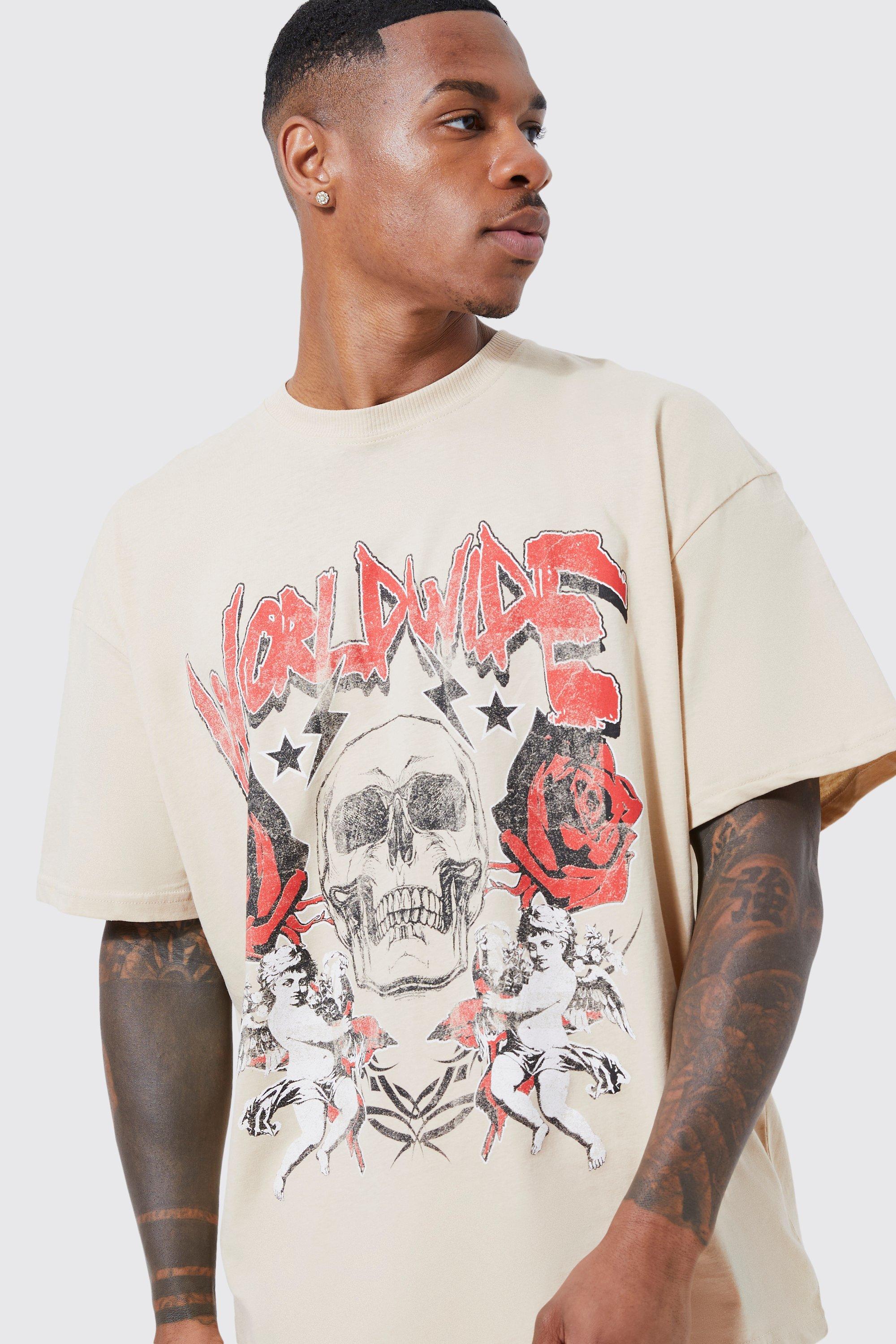 boohoo Men's Oversized Floral Skull Back Graphic T-Shirt - Black