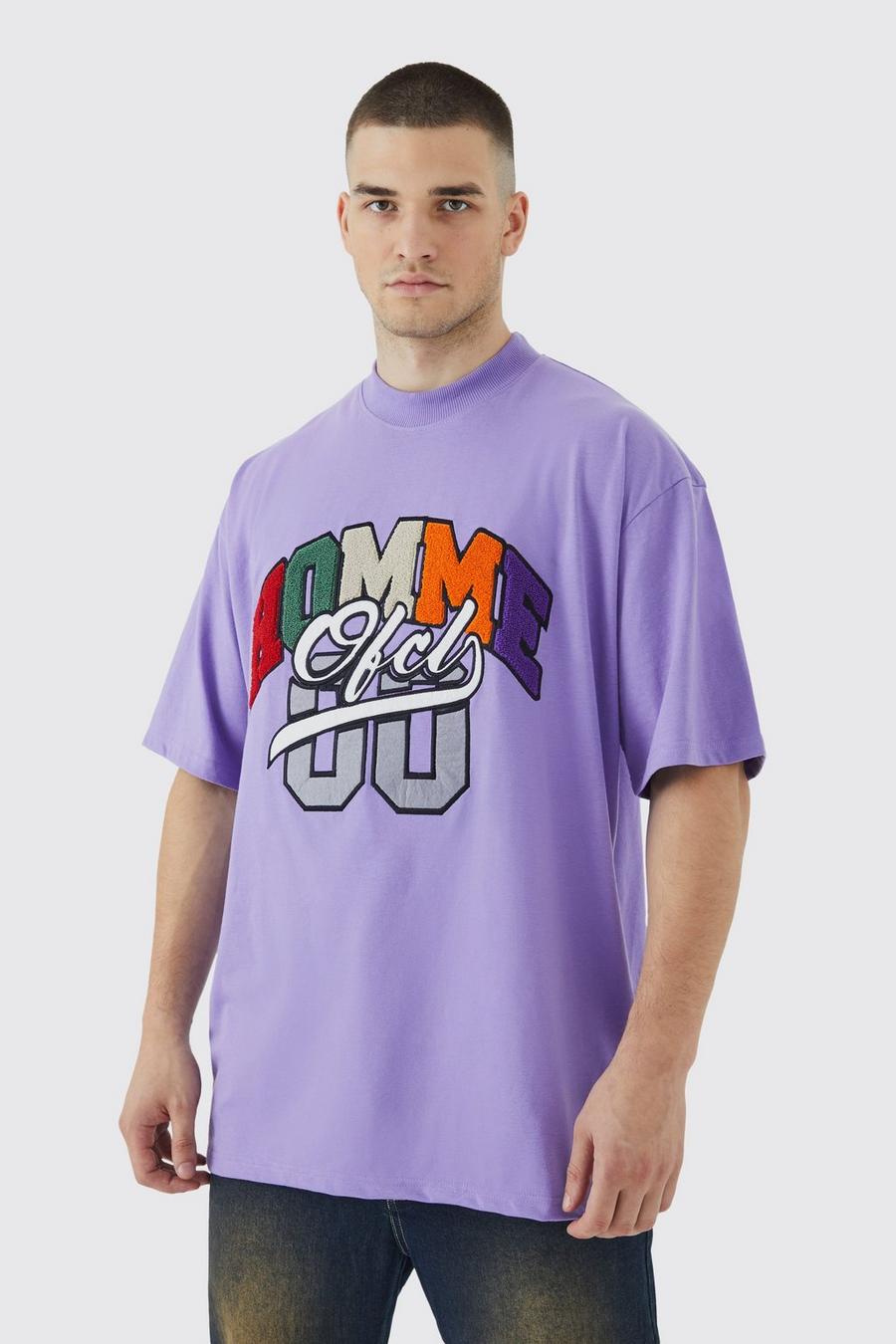 Purple Tall Oversized Homme Washed Varsity Applique T-shirt