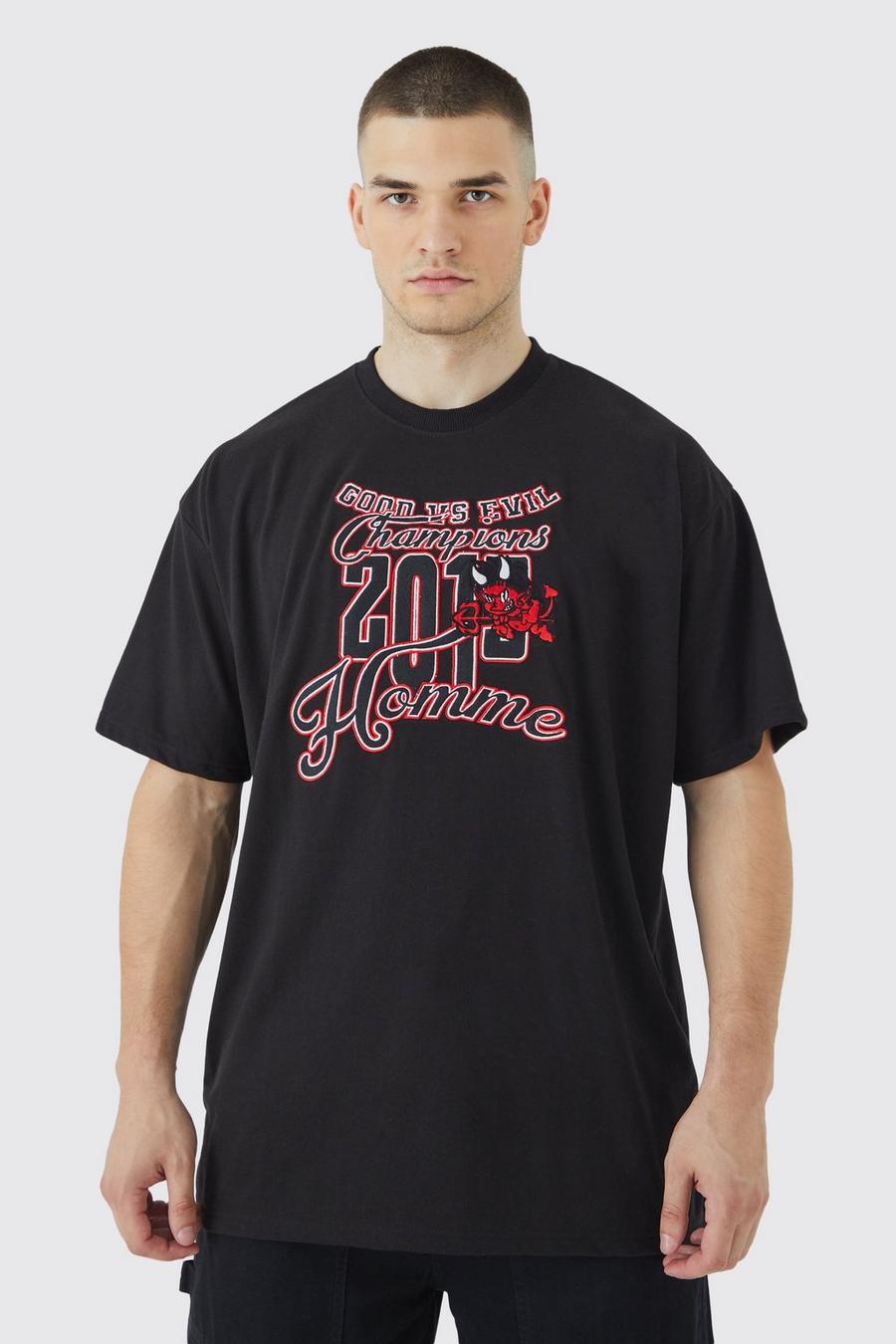 Tall Oversize T-Shirt mit Homme Devil Applikation, Black image number 1