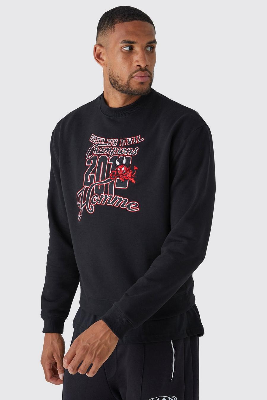 Tall kastiges Sweatshirt mit Teufel-Applikation, Black image number 1