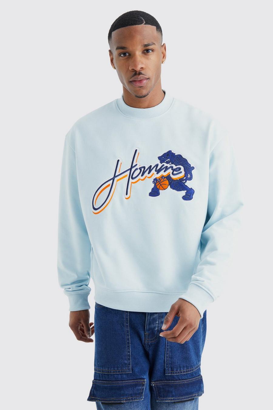 Tall kastiges Sweatshirt mit Homme-Applikation, Cloud blue